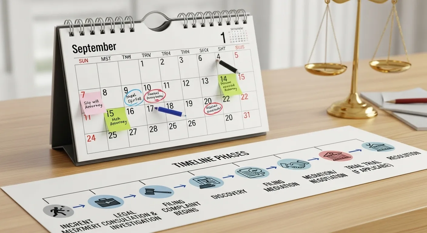 Timeline visualization showing slip and fall case development phases from accident to maximum settlement