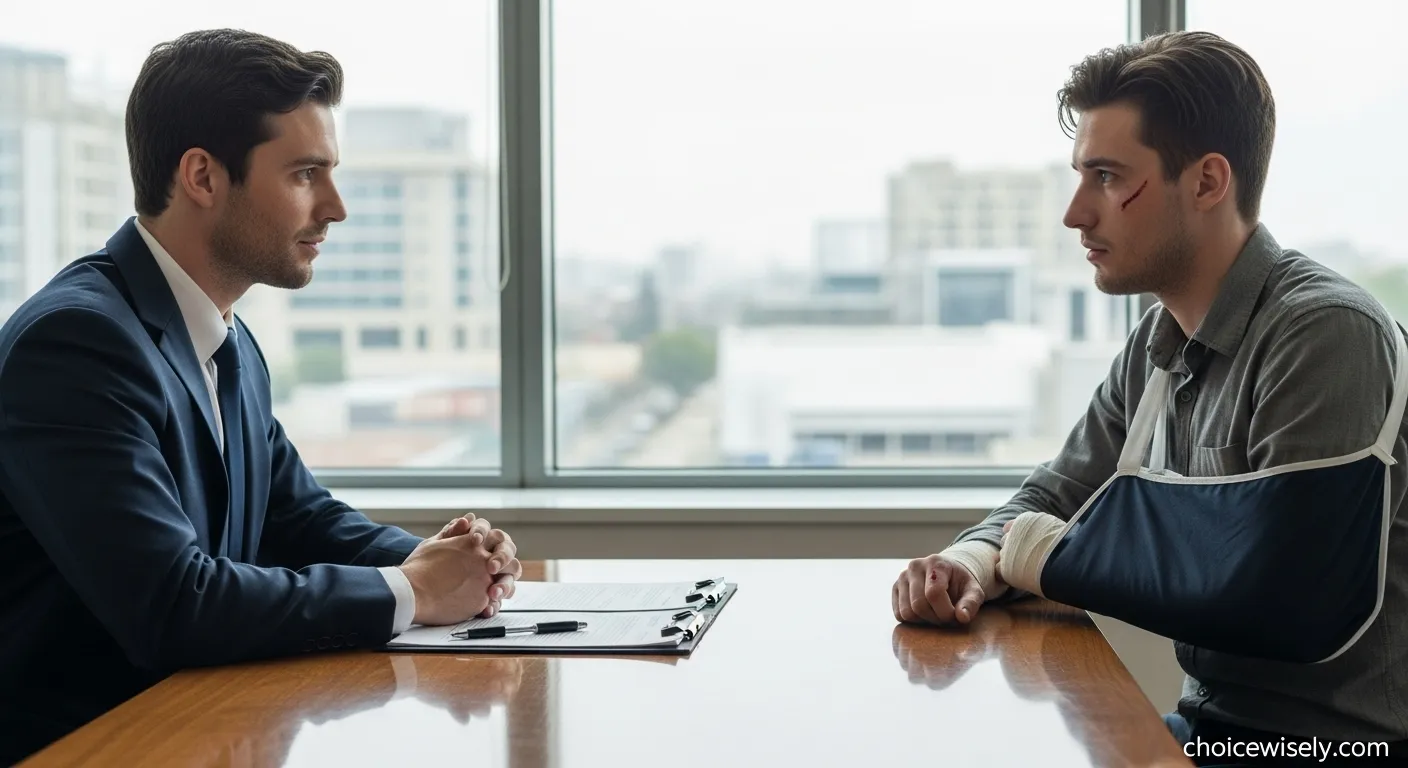 Professional motorcycle accident lawyer consulting with injured client in law office