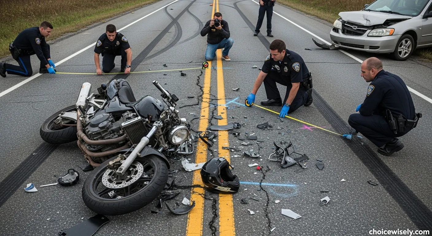 Severely damaged motorcycle with accident reconstruction markers and measuring equipment