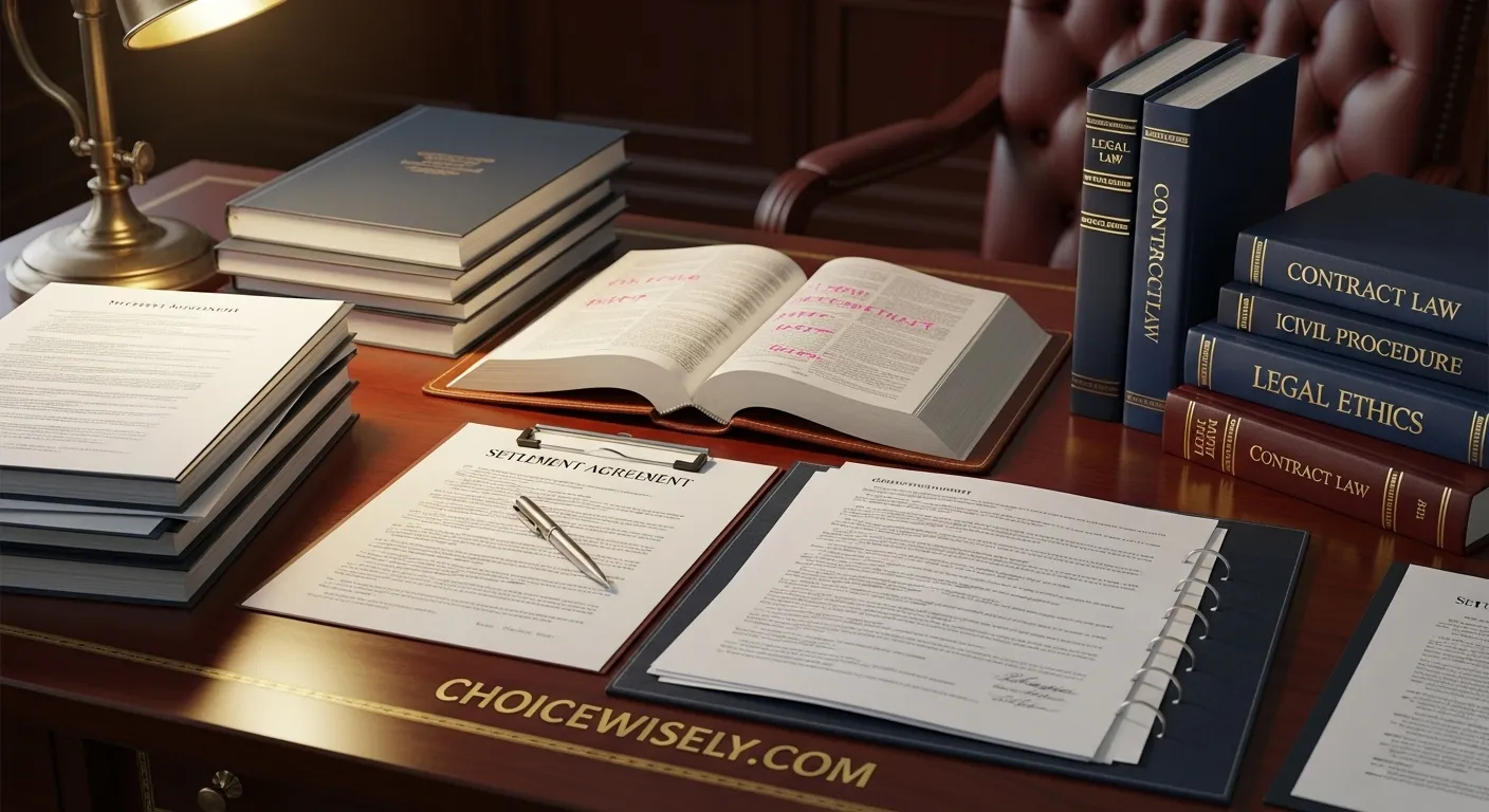 Professional legal documents, settlement agreements, and law books on attorney's desk