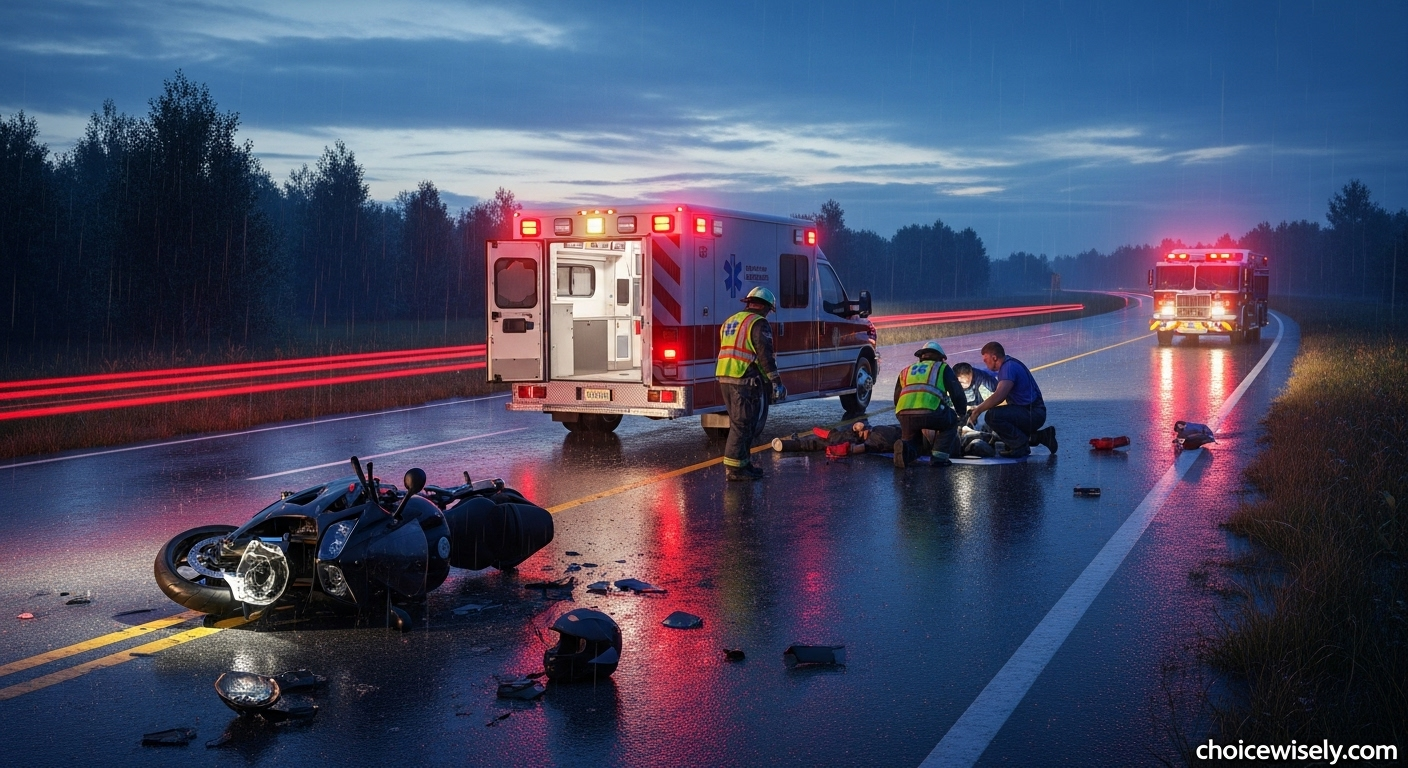 Emergency responders at motorcycle accident scene with damaged bike and medical personnel