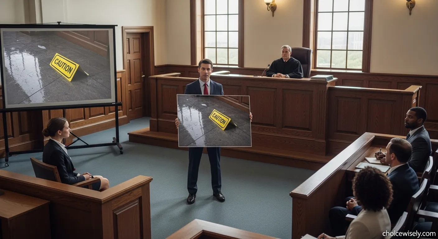 Slip and fall attorney presenting evidence in court during premises liability trial