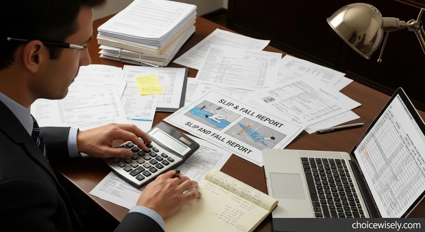 Legal documentation and medical bills showing slip and fall case damages calculation