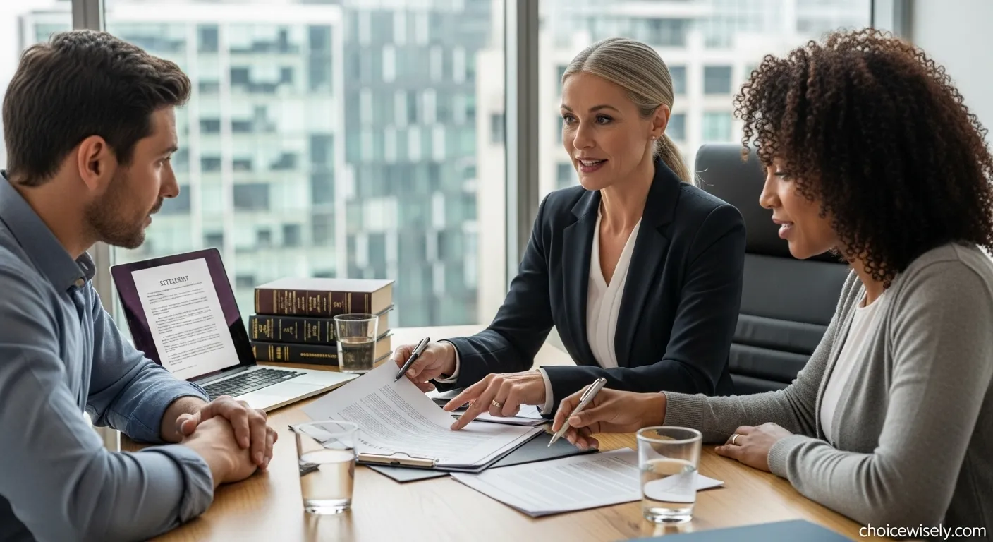 Slip and fall lawyer explaining contingency fee structure and settlement terms to clients
