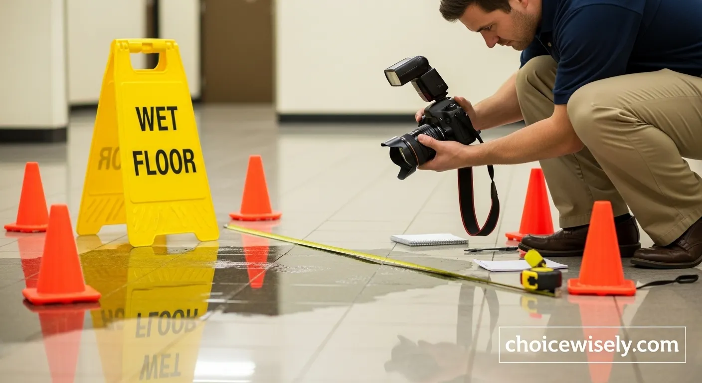 Documenting slip and fall hazard with wet floor and warning signs for legal evidence